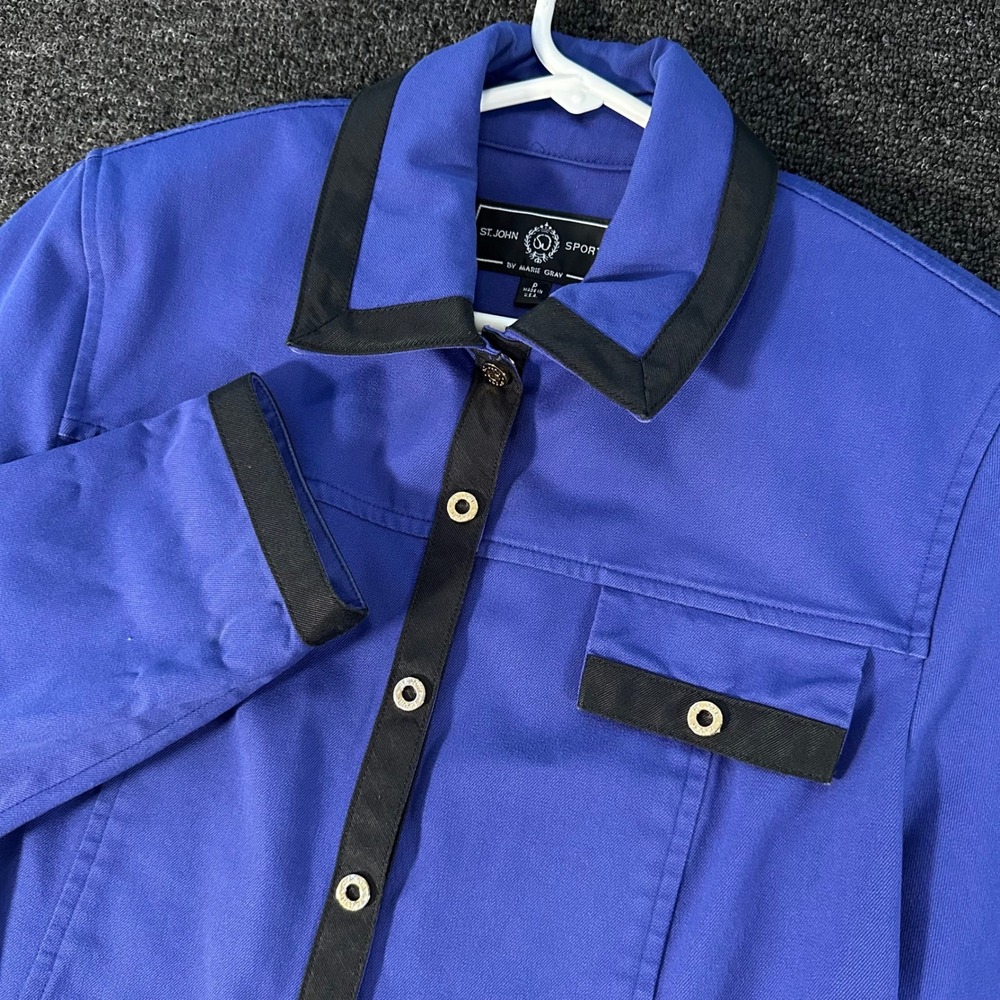 St. John Sport Jacket Women P Blue Good Contrast Trim Gold Button Marie Gray